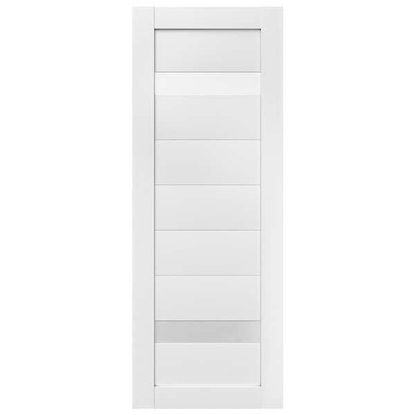 32 in. x 80 in. 7 Panel Solid Wood 2-Lite Frosted Glass Prefinished White Polycarbonate Interior Door Slab Lily