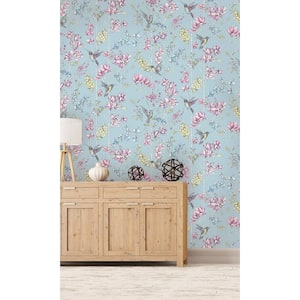 Duck Egg and Pink Flowers and Hummingbirds Floral Shelf Liner Non-Woven Non-Pasted Wallpaper(57Sq.ft) Double Roll