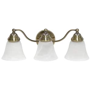 19.25 in. 3-Light Antique Brass Classic Winding Metal and Frosted Marble White Glass Shades Wall Mounted Vanity Light