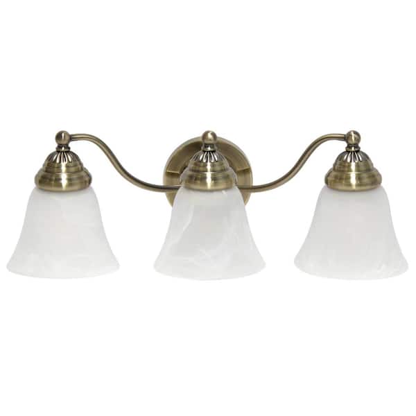 Simple Designs 19.25 in. 3-Light Antique Brass Classic Winding Metal and Frosted Marble White Glass Shades Wall Mounted Vanity Light
