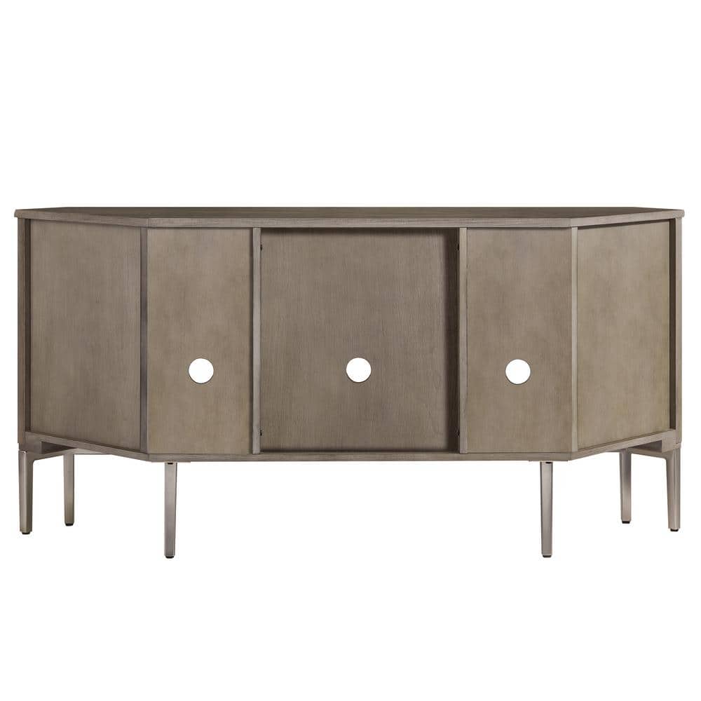 Gray Wood and Pewter Corner TV Stand with Glass Doors
