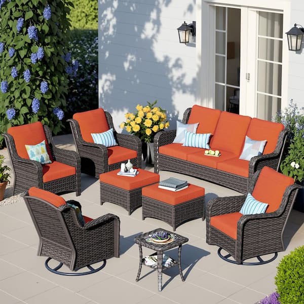HOOOWOOO Oreille Brown 8-Piece Wicker Outdoor Patio Conversation Sofa Set with Swivel Rocking Chairs and Orange Red Cushions