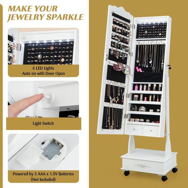 Mecale White Rolling Floor Standing Mirrored Jewelry Armoire with