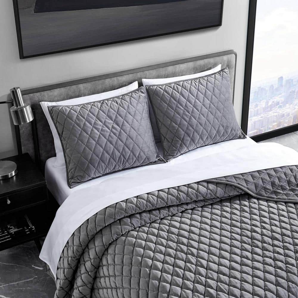 Charcoal Velvet Diamond Reversible Queen Quilt Set