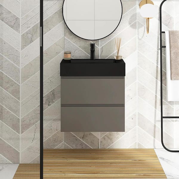 Boosicavelly 24 in. W x 18 in. D x 25 in. H Single Sink Floating Bath Vanity in Gray with Black Solid Surface Top