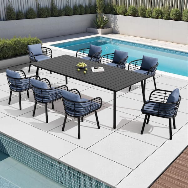 Black 9-Piece 94 in. Aluminium Wood-Like Outdoor Dining Set with Umbrella Hole, Sunbrella Spectrum Denim Cushions