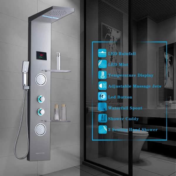 53 in. 2-Jet Shower Panel System with Shelf LED Rainfall and Mist Head Hand Shower and Tub Spout in Brushed Nickel 53 in. 2-Jet Shower Panel System with Shelf LED Rainfall and Mist Head Hand Shower and Tub Spout in Brushed Nickel