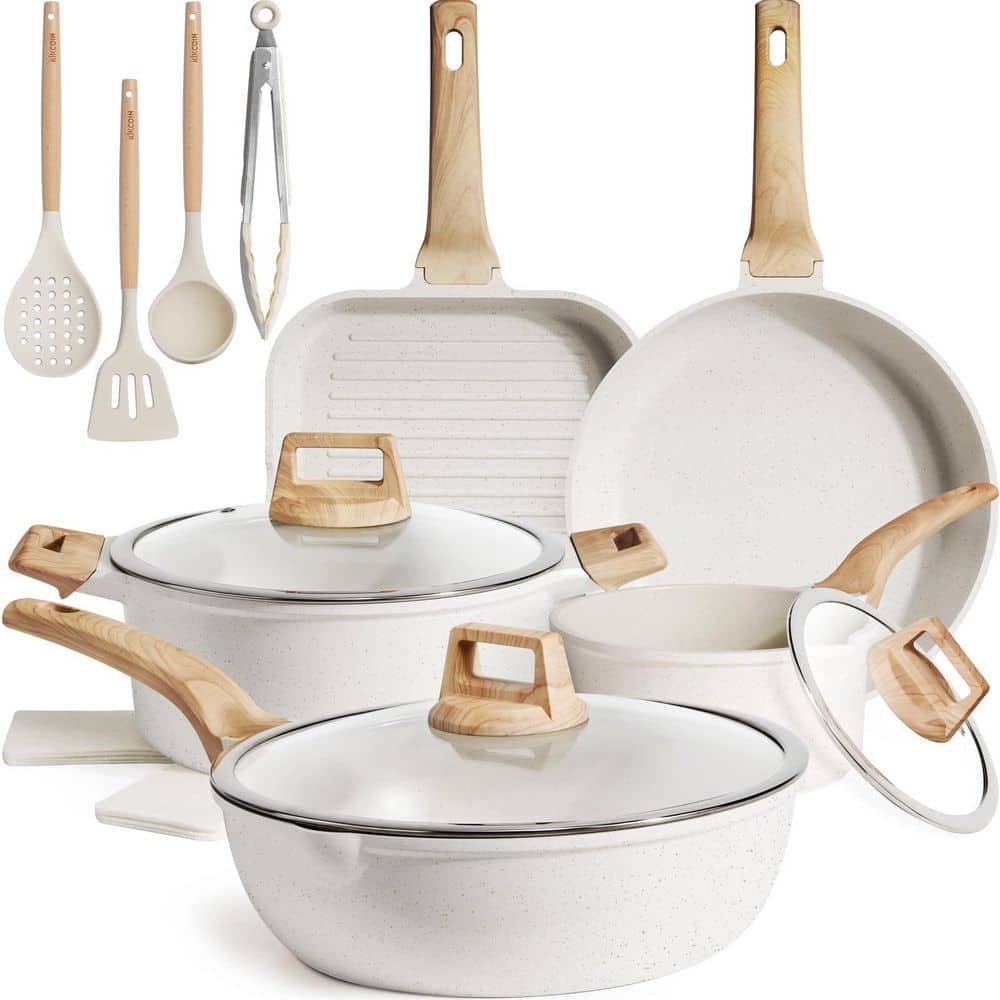 Wudkey 16-Piece Nonstick Aluminum Cookware Set in White, Ceramic