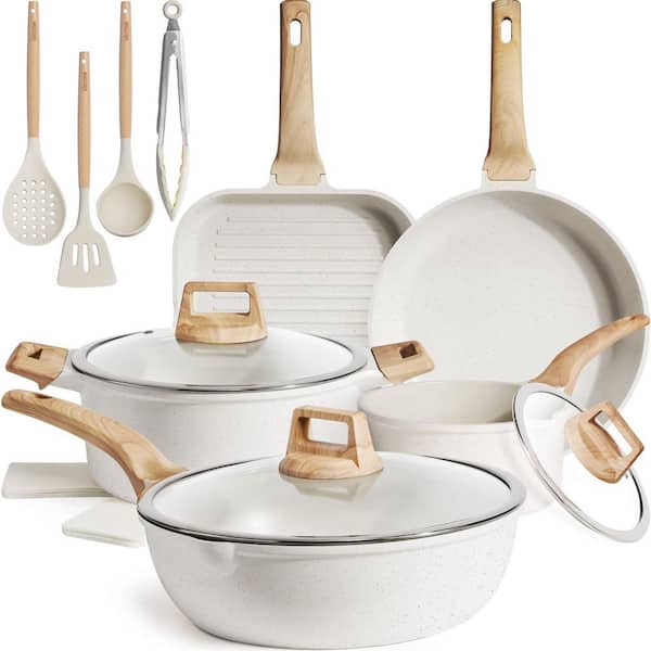 16-Piece Nonstick Aluminum Cookware Set in White, Ceramic Coating, PTFE, PFOS, PFOA Free, Induction Kitchen Cookware Set