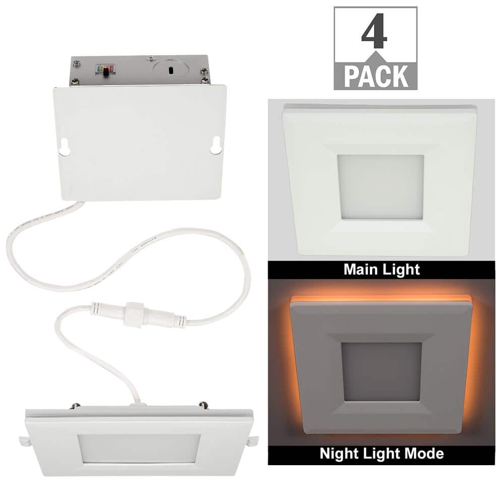 4 in. Square Canless Adjust Color Temp Integrated LED Recessed Light Night 