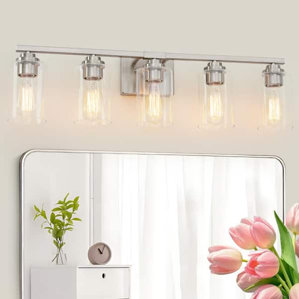 Modern 31.2 in. 5 Light Brushed Nickel Bathroom Vanity Light with Clear Glass Shade for Mirror