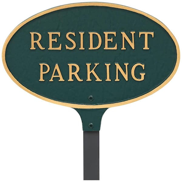 Montague Metal Products 6 in. x 10 in. Small Oval Resident Parking Statement Plaque Sign with 23 in. Lawn Stake - Green/Gold