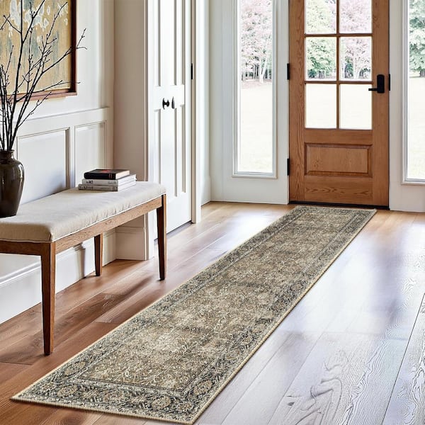 Kingston Brown 2 ft. x 6 ft. Distressed Herati All Over Design Area Rug