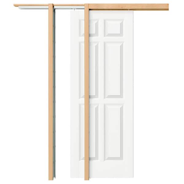 60 in. x 80 in. 6-Panel MDF White Primed, can be Painted Pre-Finished Door Panel Pocket Door Frame with All Hardware