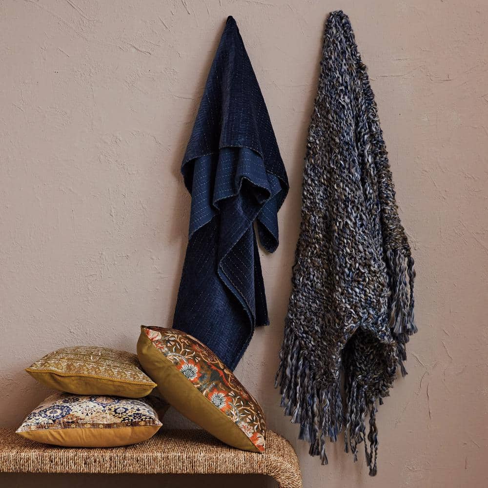 Navy Blue Cotton Velvet Throw Blanket with Kantha Stitch