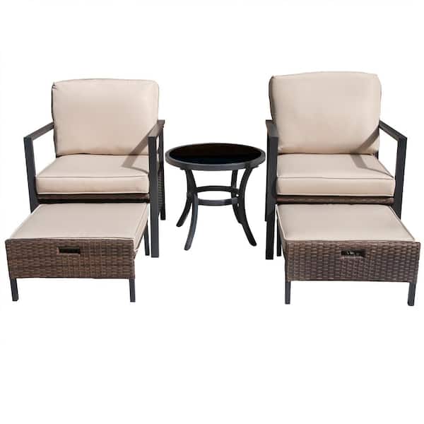 Tunearary Luxury 5-Piece Wicker Patio Conversation Set with Champagne Cushions, Ottoman, Glass Table