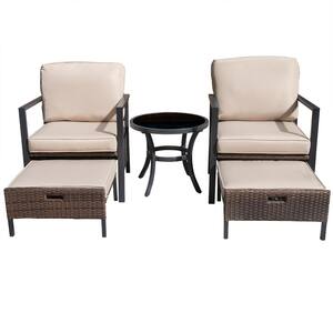 Luxury 5-Piece Wicker Patio Conversation Set with Champagne Cushions, Ottoman, Glass Table