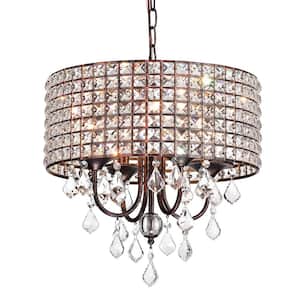 Marya 4-Light Glam Antique Copper Round Chandelier with Square Beaded Drum Shade and Hanging Clear Glass Crystals