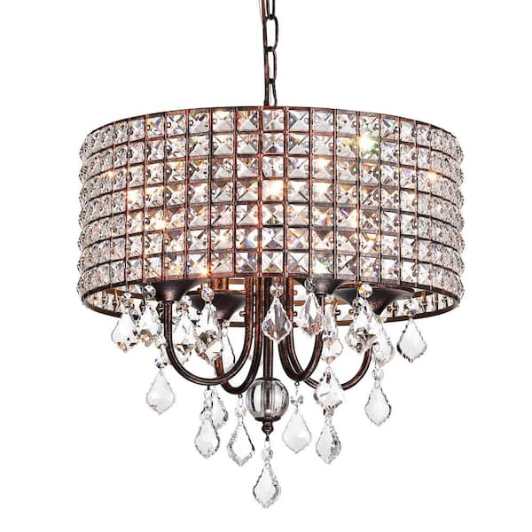 Edvivi Marya 4-Light Glam Antique Copper Round Chandelier with Square Beaded Drum Shade and Hanging Clear Glass Crystals