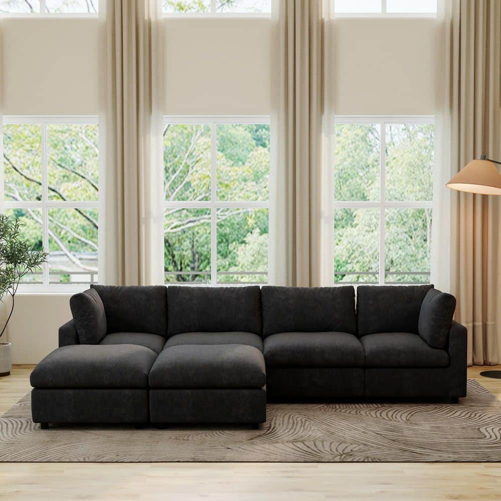 Oversized 134 in. Square Arm Chenille Modular U-Shaped Sofa Cloud Couch with Chaise Ottoman, Detachable Covers in Black