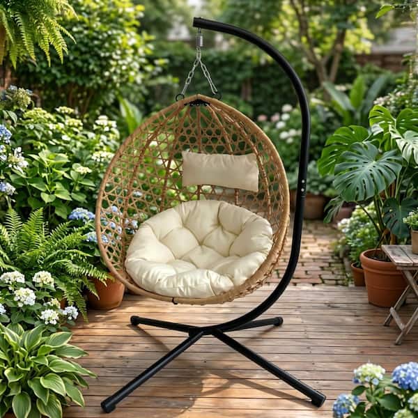 1-Person Wicker Foldable Hanging Egg Chair with Black Stand and Beige Cushion