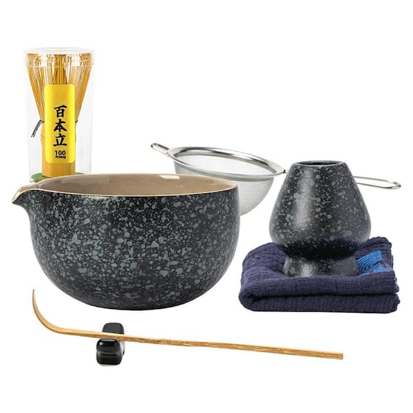 7-Piece Matcha Whisk Set Black with Ceramic Bowl, Whisk, Holder, Scoop, Sifter, Tea Cloth for Ceremony