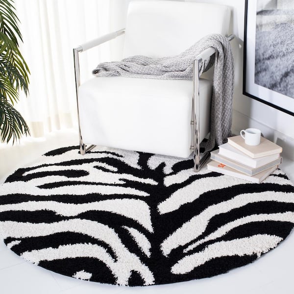 Florida Shag Ivory/Black 5 ft. x 5 ft. Round Animal Print Area Rug