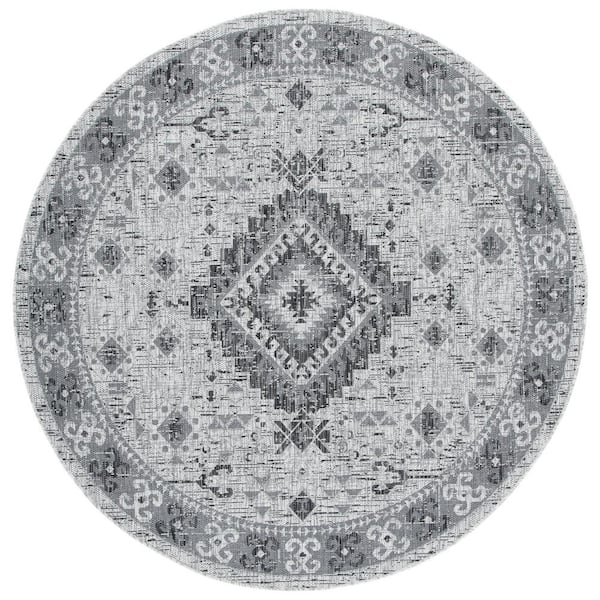 SAFAVIEH Courtyard Light Gray/Charcoal 7 ft. x 7 ft. Border Aztec Medallion Indoor/Outdoor Patio  Round Area Rug