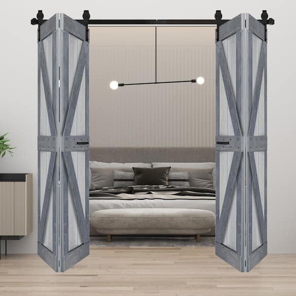 ISLIFE K Style 72in. x 80in. (18 in. x 80 in. x 4 Panels) French Gray/Dark Gray Solid Core Wood Bi-Fold Door with Hardware Kit