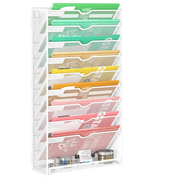 10-Tier Wall-Mounted Magazine Rack-Vertical Mail & Document Holder, Metal, White, 12.56 in. x 4.06 in. x 25.08 in.