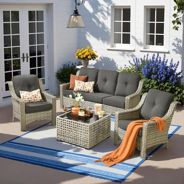 Caodoc Harpera 4-Piece Wicker Outdoor Patio Conversation Sofa Seating Set with Coffee Table and Black Cushions