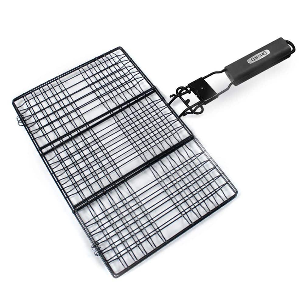 Non-Stick Black Metal Hamburger Broiler Basket with Hardwood Handle