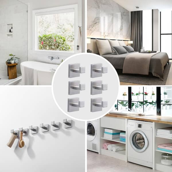 6-Pieces Wall-Mounted J-Hook Stainless Steel Bathroom Robe/Towel Hook in Brushed Nickel