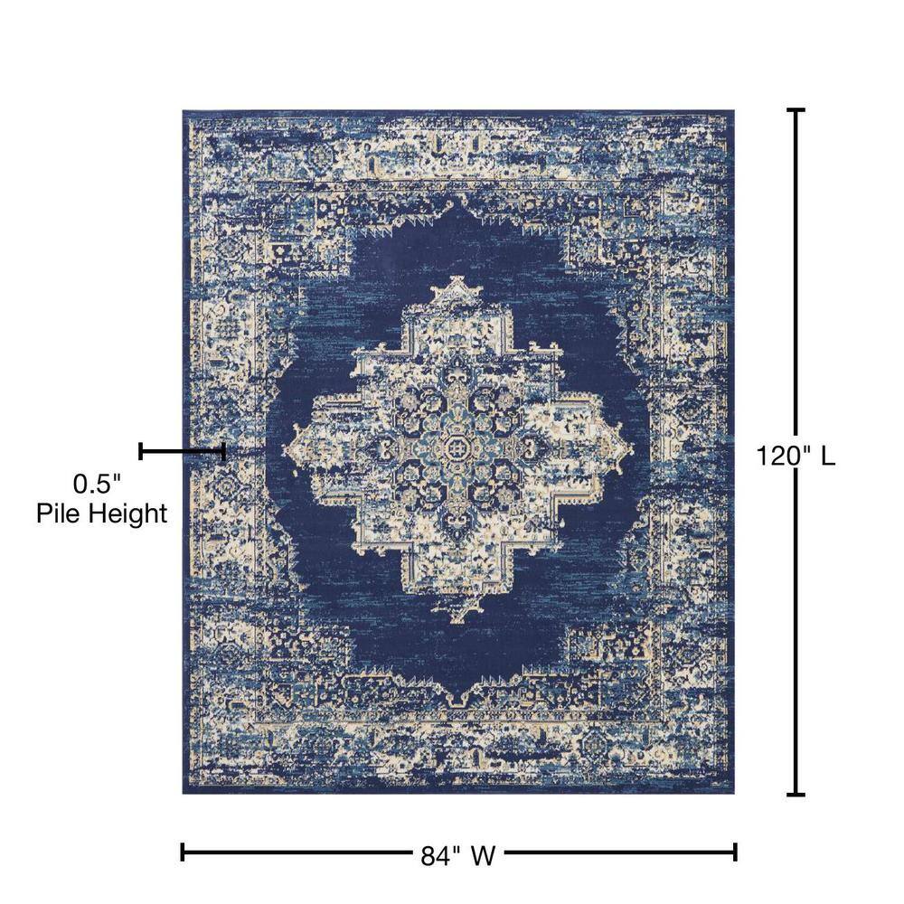 Navy Blue and Beige Medallion Synthetic 7' x 10' Area Rug
