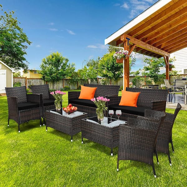8-Pieces Patio Rattan Conversation Furniture Set Outdoor with Black Cushion