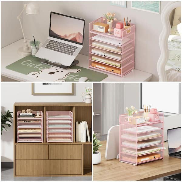 12.6 in x 13.5 in 2-Pack 6-Tier Pink Metal Paper Tray Organizer