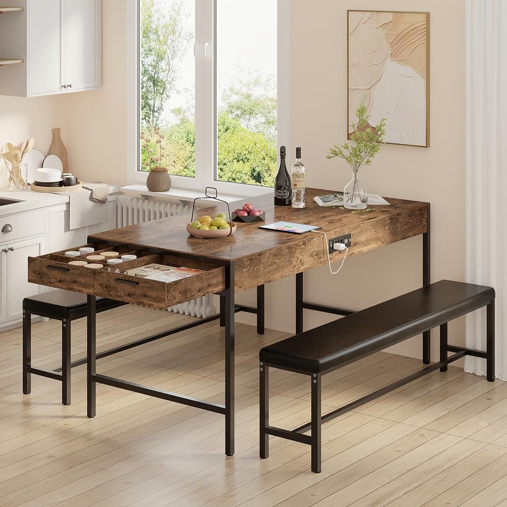 "65"" Dining Set for 4-6,3-Piece Kitchen Table with Benches, Wine Rack, 2-Drawers, Space-Saving Metal Frame, Rustic Brown" price history on PriceWatchPro