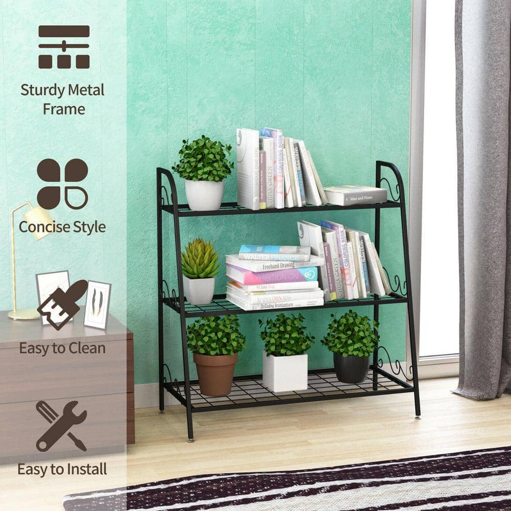 Black Steel 3-Tier Plant Stand with Adjustable Footpads