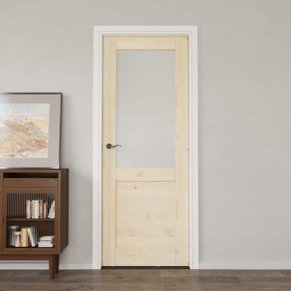 30 in. x 80 in. Right Handed Frosted Glass Solid Pine Wood UnFinished Single Interior Door with Assemble Jamb