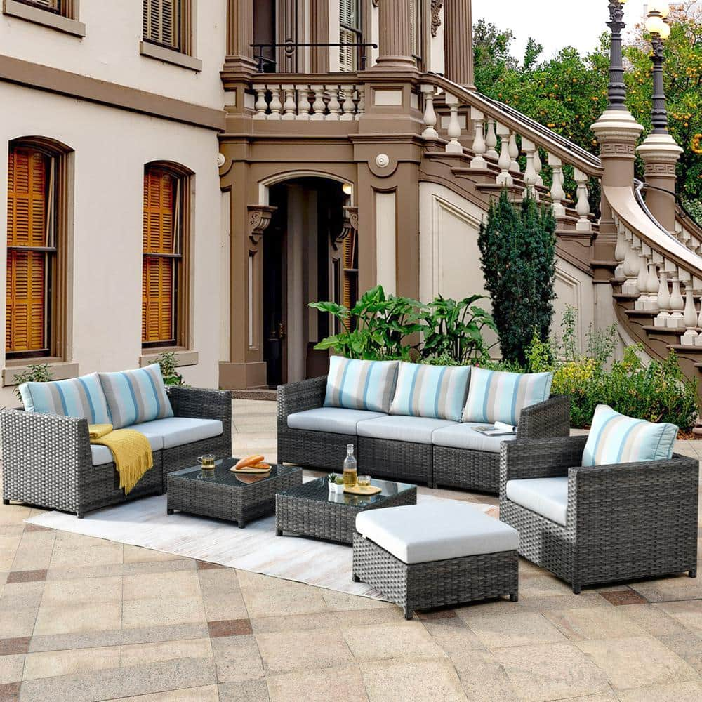 HOOOWOOO Tahiti Gray 9-Piece Wicker Outdoor Patio Conversation Seating ...