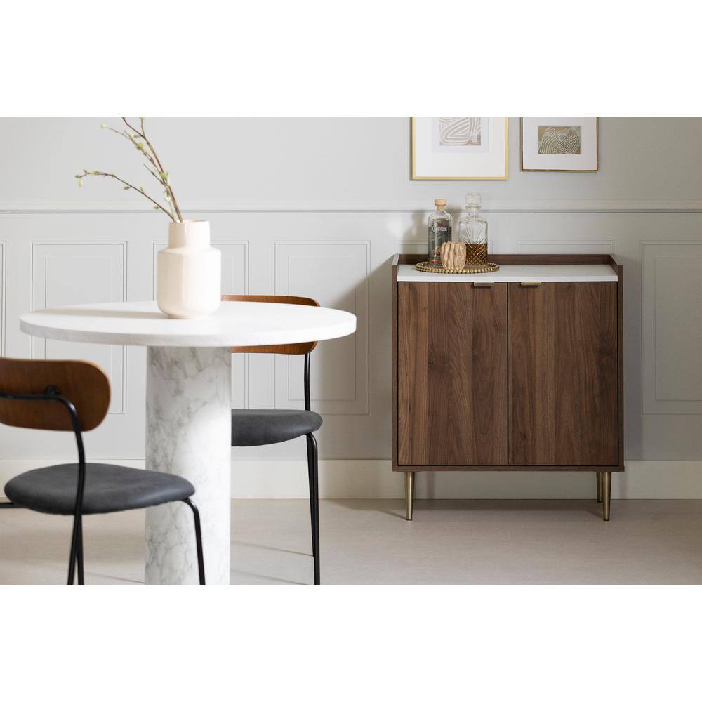 Natural Walnut and Faux Carrara Marble Mid-Century Glam Cabinet