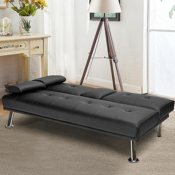 Forclover 66 In Black Pu Leather Convertible Twin Sleeper Sofa Bed With 2 Cup Holders Sy 366hw915bk Forclover 66 In Black Pu Leather, Black Vinyl Sofa Bed