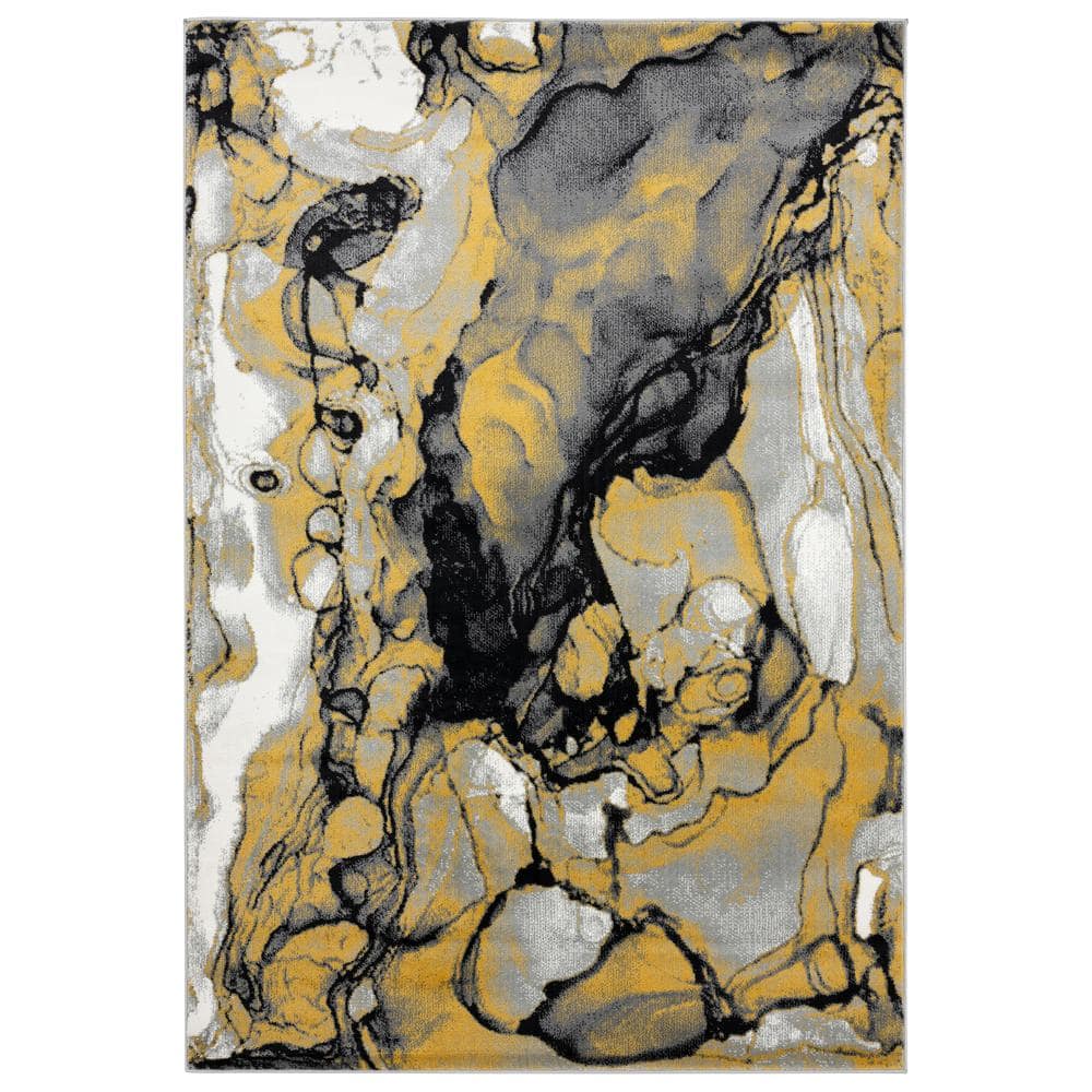 Abani Arto 6 W x 9 D ART140B Abstract Liquid Marble Grey Yellow Area Rug