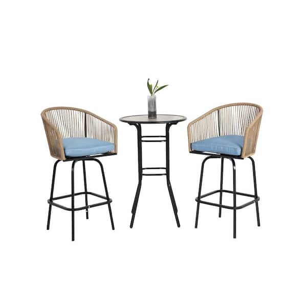 3-Piece Metal Outdoor Bistro Set with 2 x Swivel Bar Chairs, 1 x Round Bar Table and Cushion in Blue