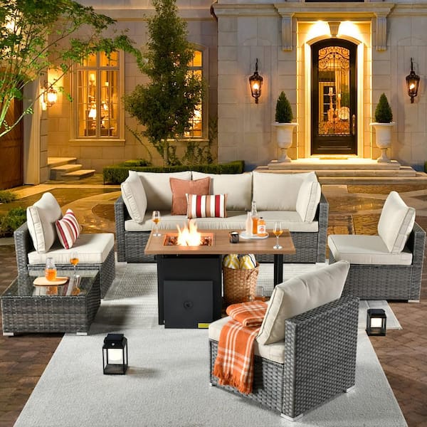 weaxty W Daffodil B Gray 8-Piece Wicker Patio Storage Fire Pit Conversation Sofa Set with Beige Cushions