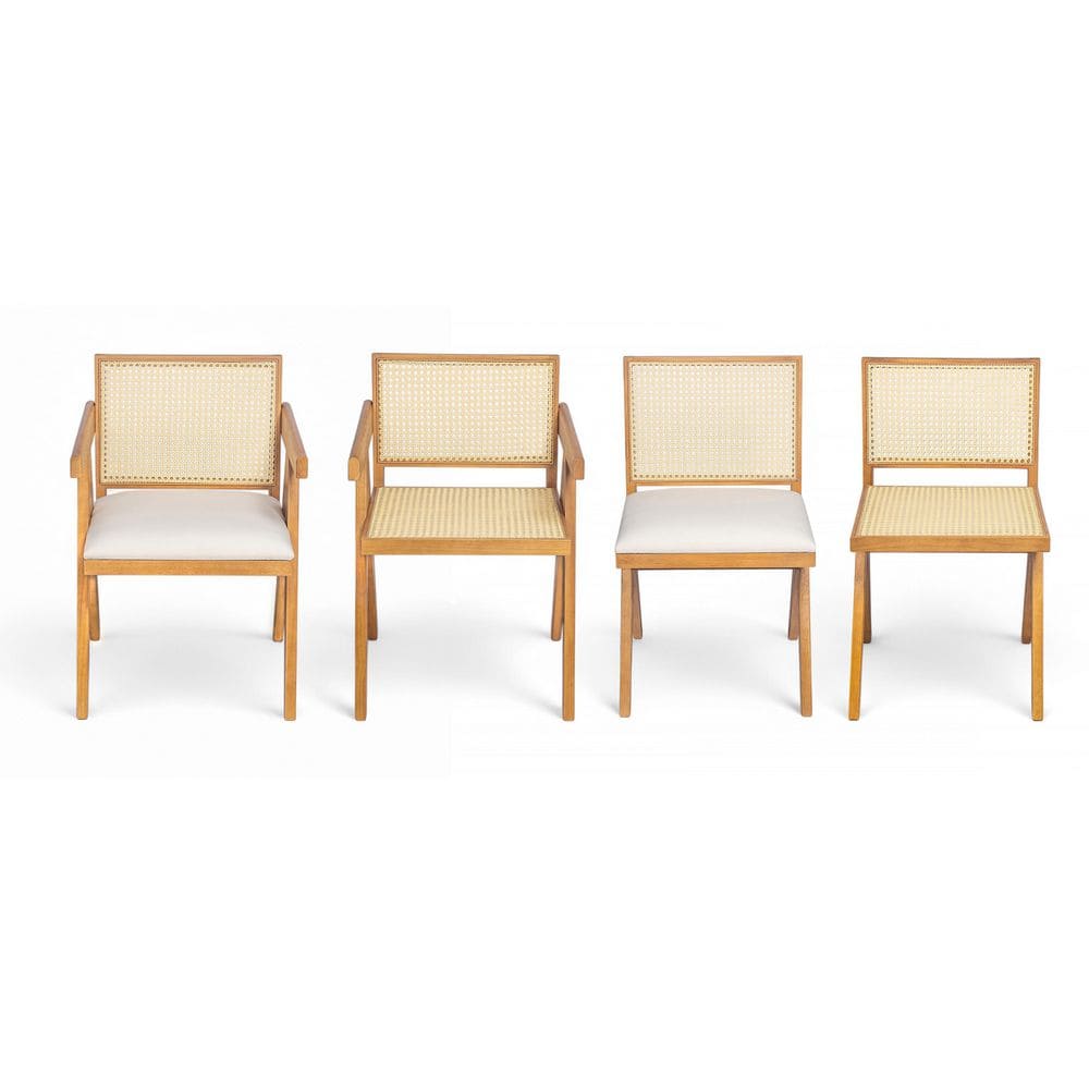 Natural Rubberwood and Cane Upholstered Dining Chairs, Set of 2