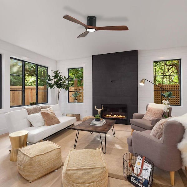 52 in. Black + Walnut Propeller Design Ceiling Fan with Integrated LED Light, 3 Solid Wood Blades and Remote Control