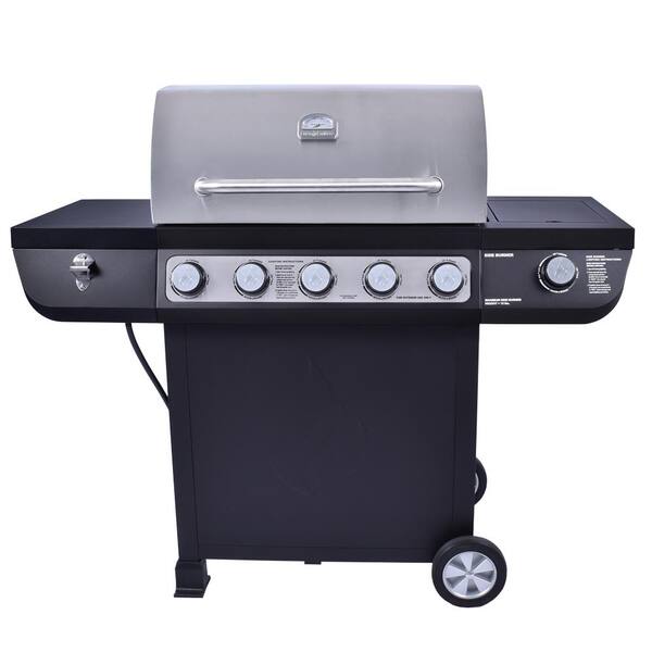 Even Embers 5-Burner Propane Gas Grill in Stainless Steel with Side Burner and Black Cabinet