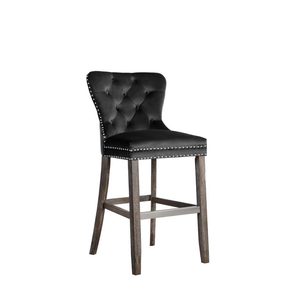 Black Velvet Tufted Bar Stools with Wood Legs and Chrome Footrest (Set of 2)