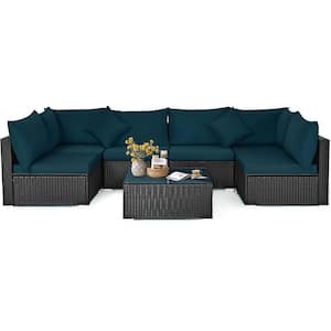 Peacock Blue Wicker 7-Piece Patio Conversation Sectional Seating Set with Peacock Blue Cushions